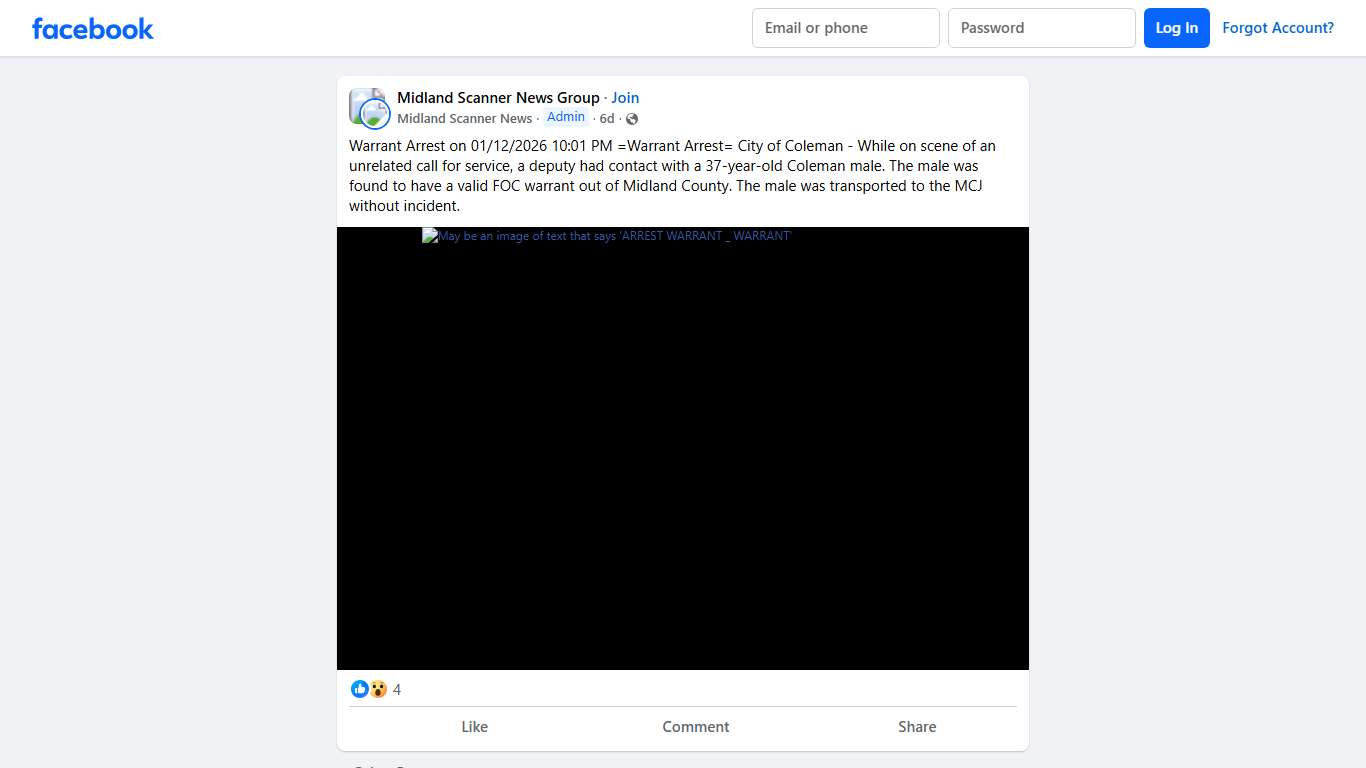 Midland Scanner News Group Warrant Arrest on 01/12/2026 10:01 PM Facebook